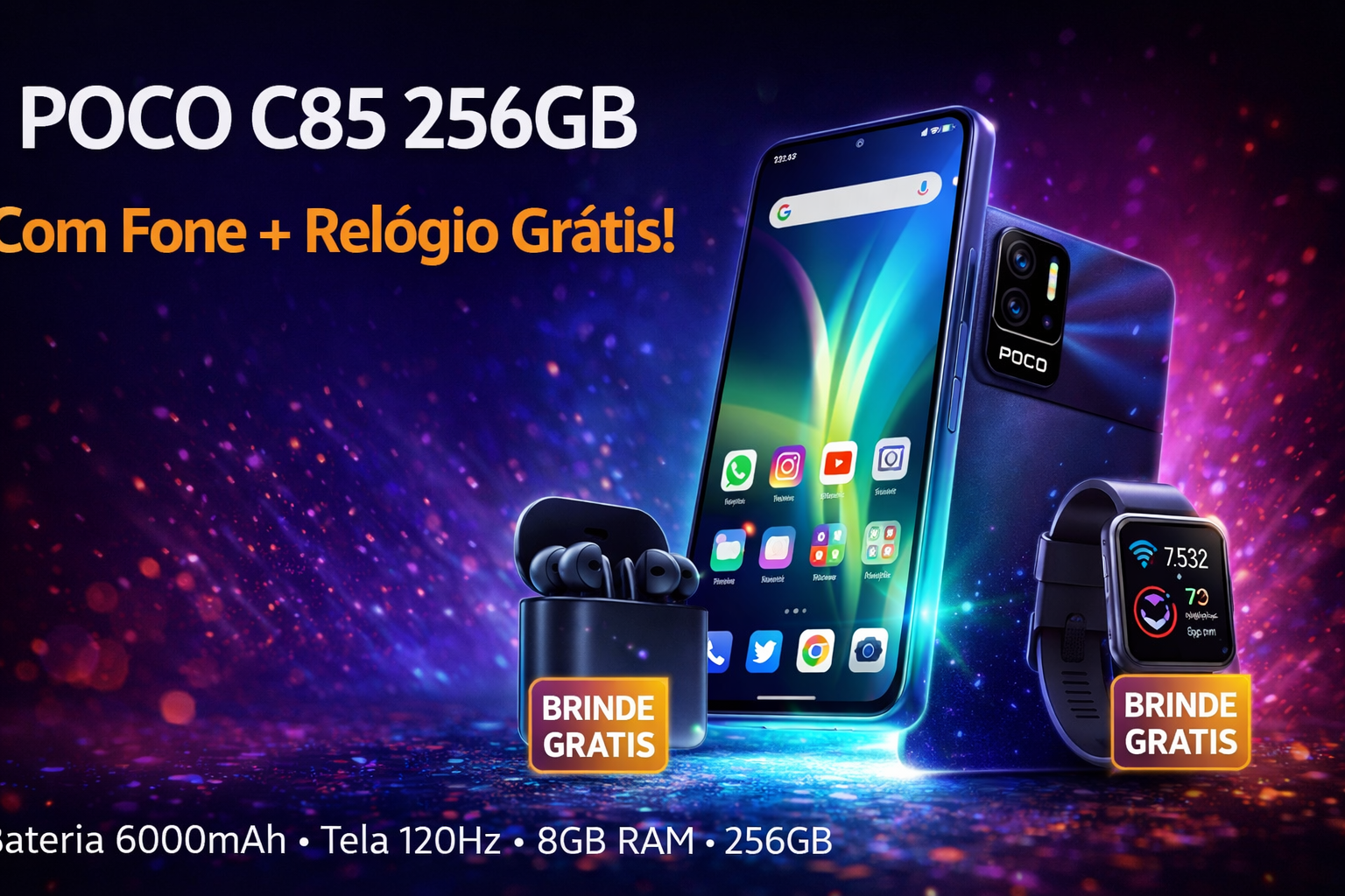 Xiaomi POCO C85 256GB com Fone e Relógio Grátis